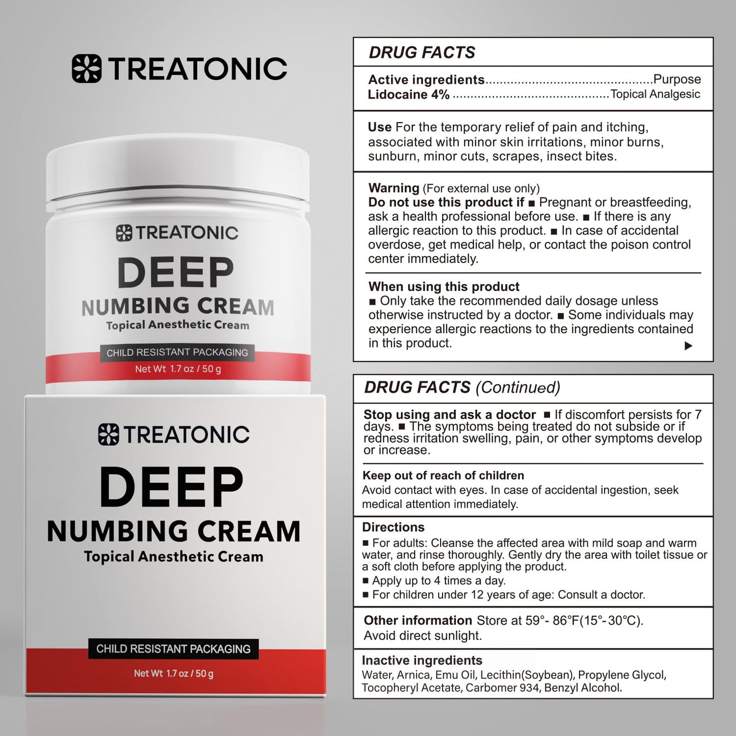 Treatonic Maximum Strength Numbing Cream: Numbing Cream for Discomfort, Burn, Itch & Pain Relief- Fast-Acting, Soothing Topical Anesthetic with Menthol & Emu Oil - 1.7oz / 2 Pack