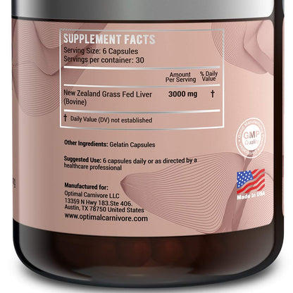 Optimal Carnivore Grass Fed Beef Liver Capsules, Freeze Dried in Convenient Pills, 180 Capsules, Desiccated Supplement