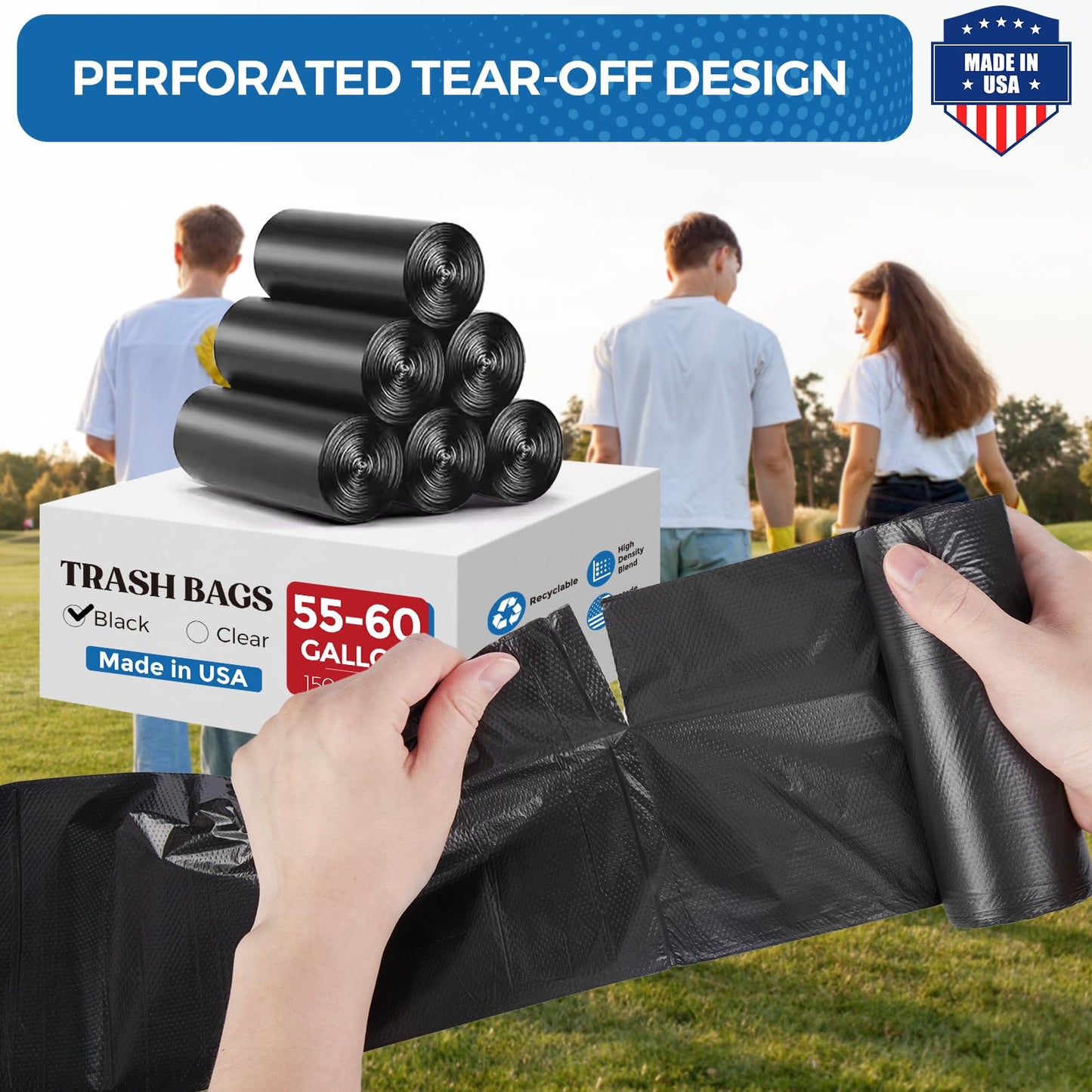 Fuxury 60 Gallon Trash Bags Medium Duty, 100 Count Garbage Bags, 38 x 58" Extra Large Black Trash Bags, 0.9 Mil Plastic Bags for Serious Garbage Cleanup, Made in USA
