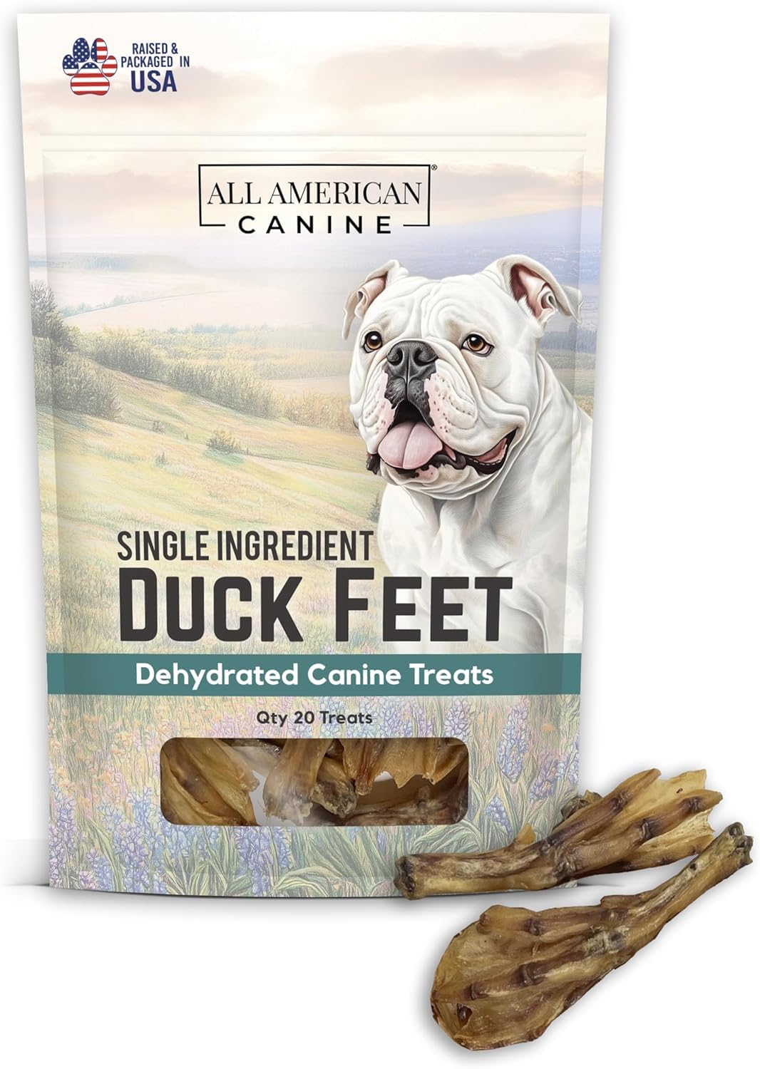 All American Canine 20 Natural Duck Feet Dog Treats – Single Ingredient, Dehydrated & Digestible – Crunchy, Low-Fat, High-Protein Chew for Joint Support & Dental Health – Made in USA