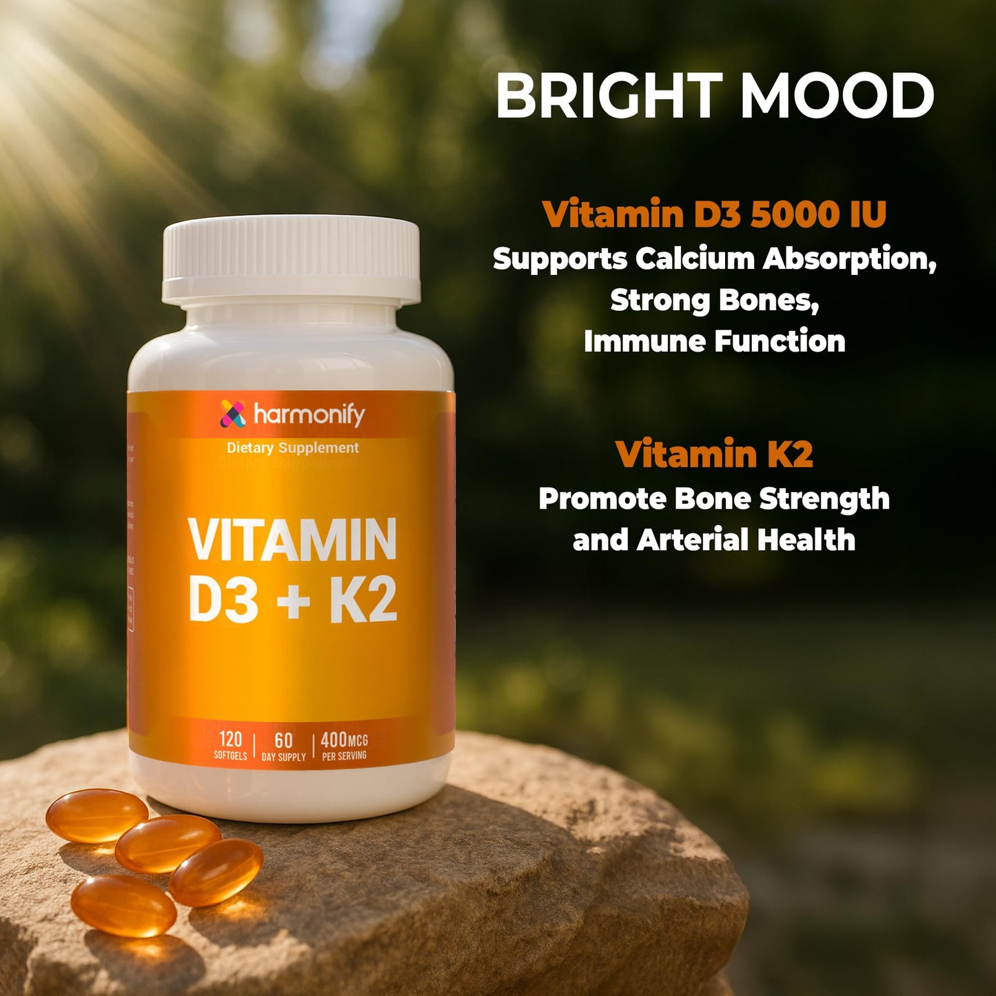 HARMONIFY Vitamin D3 K2 400 mcg120 Softgels, Immune Support, Non-GMO Supplement, Proudly USA Company