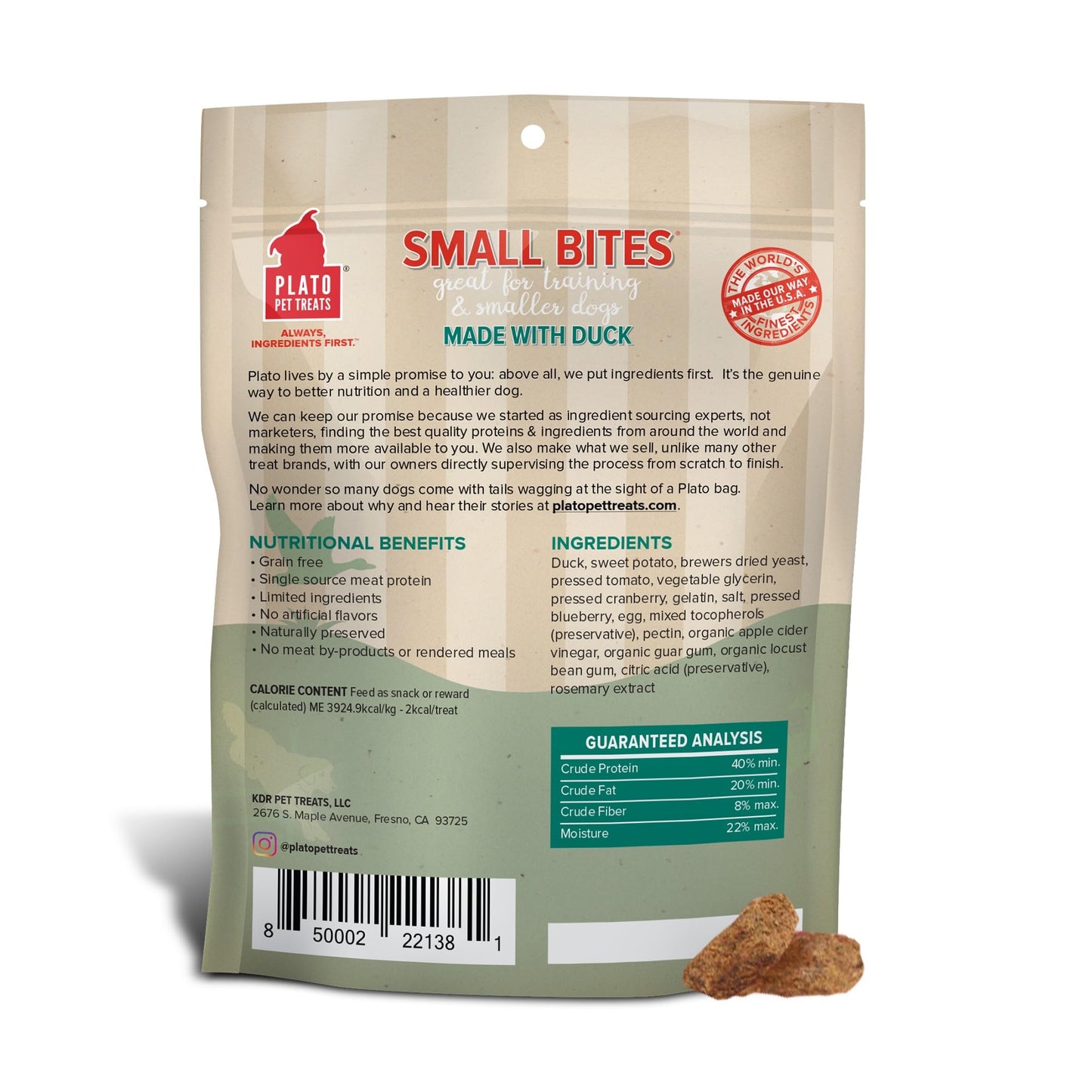 Plato Pet Treats Air Dried Small Bites Dog Treats, Natural Bite Sized Real Meat & Duck, Grain Free & High Protein, Made in the USA, 6oz