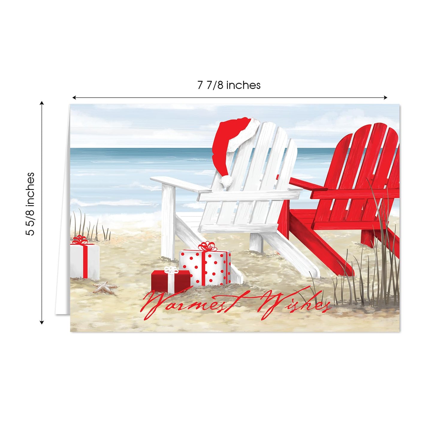 Masterpiece Beach Chairs Cards / 16 Warmest Wishes Coastal Holiday Card Set With Red Foil And White Envelopes / 5 5/8" x 7 7/8" Tropical Vacation Greeting Cards With Meaningful Inside Verse