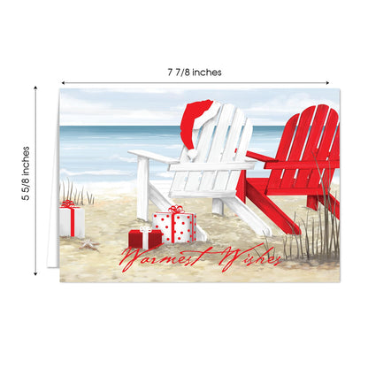 Masterpiece Beach Chairs Cards / 16 Warmest Wishes Coastal Holiday Card Set With Red Foil And White Envelopes / 5 5/8" x 7 7/8" Tropical Vacation Greeting Cards With Meaningful Inside Verse