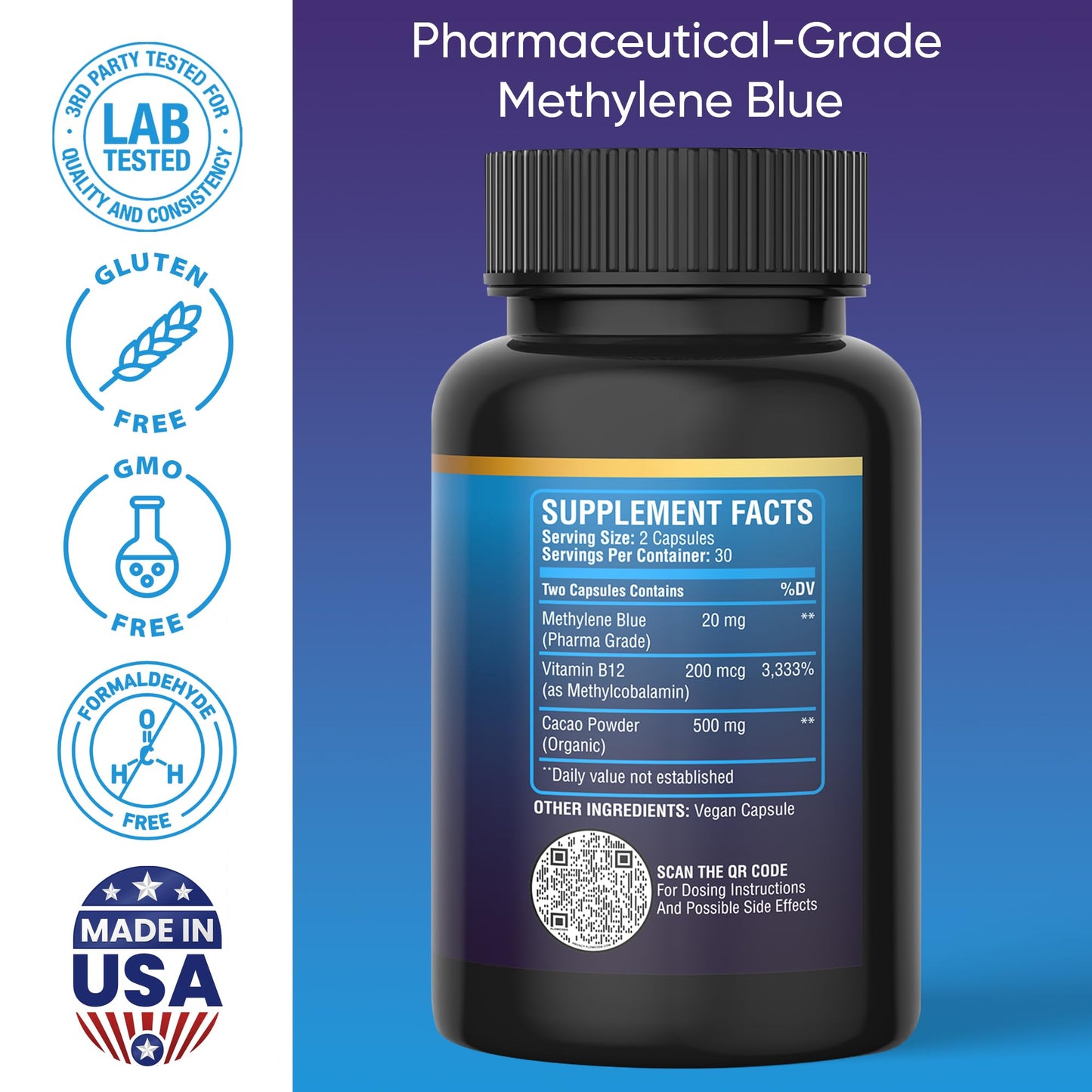 BETTER LIFE LAB Methylene Blue Capsules Pharmaceutical Grade – 60ct – Brain, Energy & Cellular Health Support