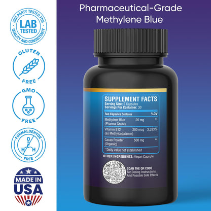 BETTER LIFE LAB Methylene Blue Capsules Pharmaceutical Grade – 60ct – Brain, Energy & Cellular Health Support