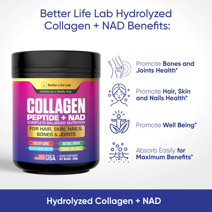 BETTER LIFE LAB Hydrolyzed Collagen Peptides with NAD – Supports Hair, Skin, Nails, Joints & Bones – Type I & III Collagen – Grass-Fed, Unflavored Powder