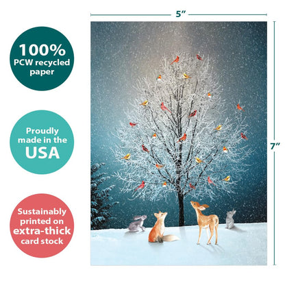 Tree-Free Greetings Bird Tree Holiday Cards - 10 Recycled 5x7 Cards & Matching Envelopes, Thick Cardstock, Made in USA - Magical Woodland Celebration
