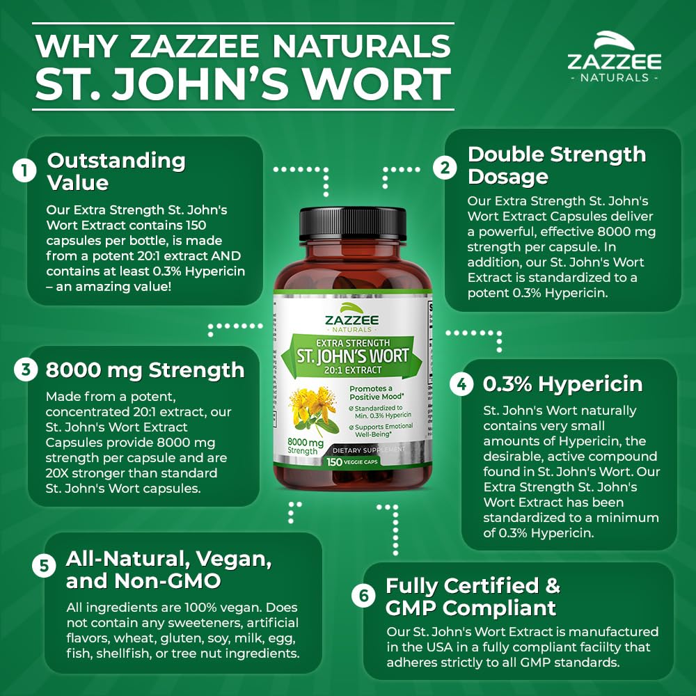 Zazzee Extra Strength St. John’s Wort 20:1 Extract, 8000 mg Strength, 0.3% Hypericin, 150 Vegan Capsules, 5 Month Supply, Concentrated, Standardized 20X Extract, 100% Vegetarian, Non-GMO, All-Natural