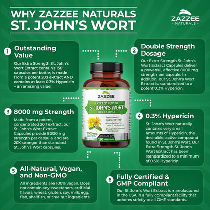 Zazzee Extra Strength St. John’s Wort 20:1 Extract, 8000 mg Strength, 0.3% Hypericin, 150 Vegan Capsules, 5 Month Supply, Concentrated, Standardized 20X Extract, 100% Vegetarian, Non-GMO, All-Natural