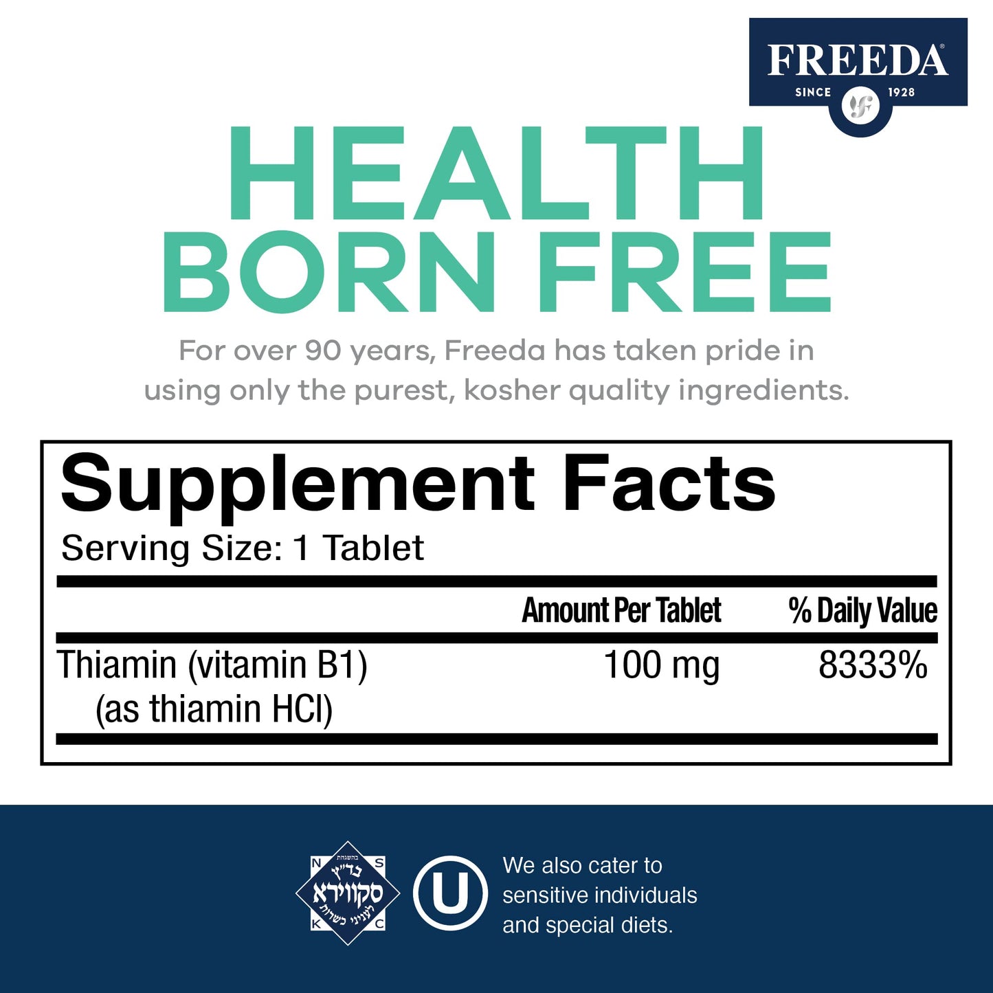 Freeda Vitamin B1 Thiamine 100mg - Supports Energy Metabolism, Nervous System Health - Kosher, Vegan, Gluten Free - Thiamin HCl 100 mg Vitamin B 1 - Pure Vit B1 Vitamin Thiamine B1 Supplement (100 Ct)