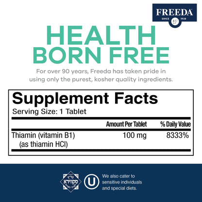 Freeda Vitamin B1 Thiamine 100mg - Supports Energy Metabolism, Nervous System Health - Kosher, Vegan, Gluten Free - Thiamin HCl 100 mg Vitamin B 1 - Pure Vit B1 Vitamin Thiamine B1 Supplement (100 Ct)