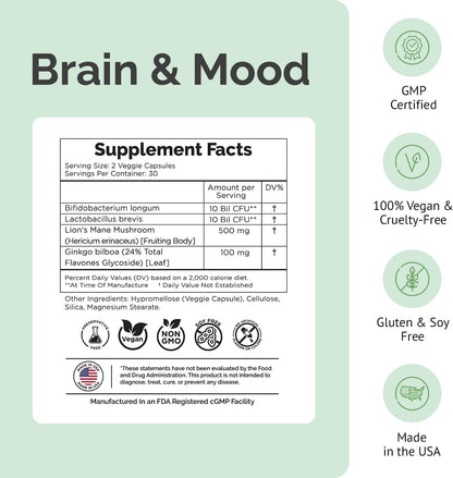Brain Supplement for Memory, Brain Fog, Focus, Mood & Concentration & Cognitive Function - Lion’s Mane Supercharged with Ginkgo Biloba & Two Probiotic Strains (60 Count - 1 Month Supply)