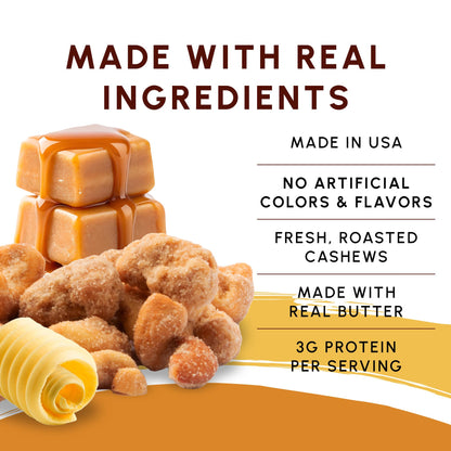 Snackathon Butter Toffee Cashews, 7 oz Resealable Bag, Made in USA, All-Natural Fresh Roasted Nuts Coated in a Crunchy Buttery Toffee Shell, Gourmet Sweet & Salty Snac