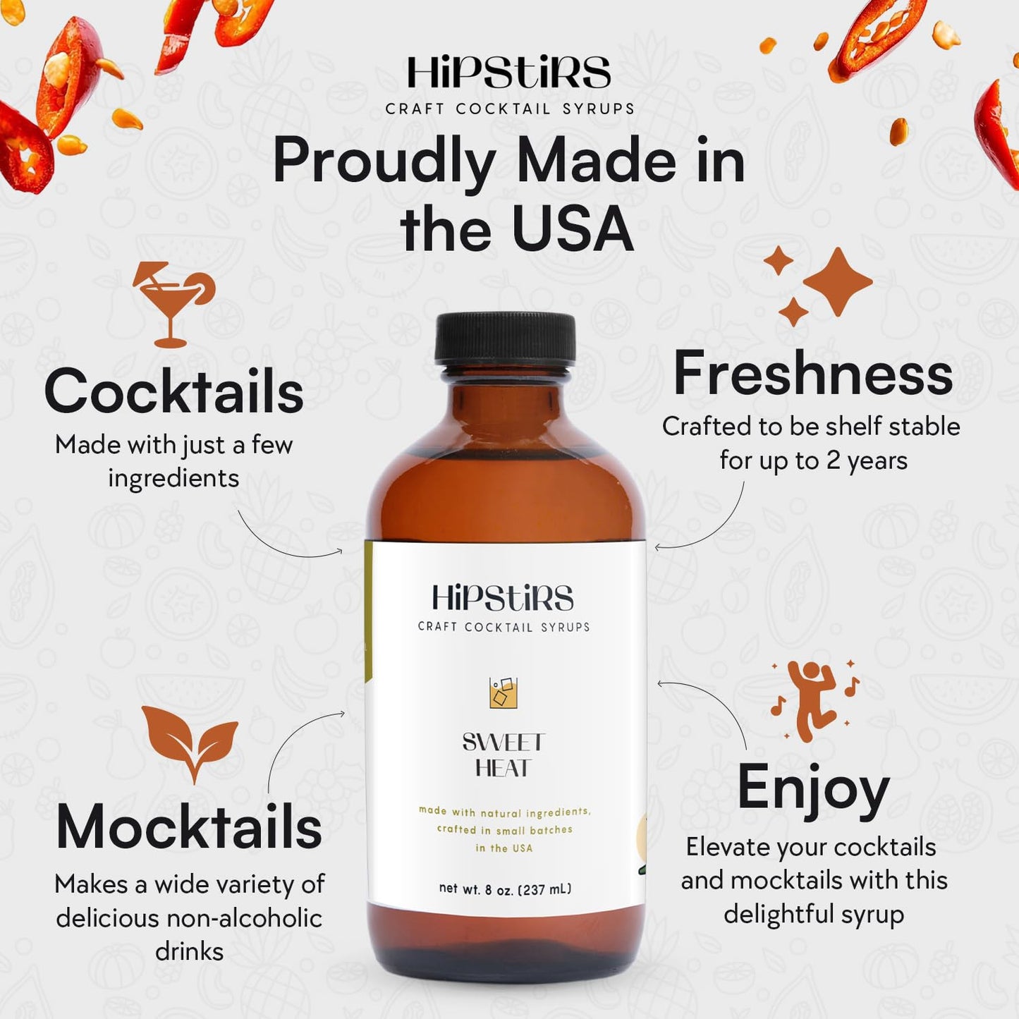 HipStirs Sweet Heat Jalapeño Simple Syrup - Spicy Cocktail Mixer for Margaritas, Palomas & More - Our Jalapeño Infused Spicy Syrup for Cocktails is Non-GMO, Gluten Free & Vegan (8 FL Oz)