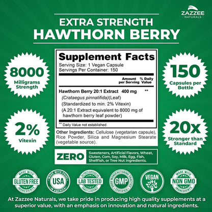 Zazzee Extra Strength Hawthorn Berry 20:1 Extract, 8000 mg Strength, 2% Vitexin, 150 Vegan Capsules, 5 Month Supply, Concentrated and Standardized Potent 20X Extract, Non-GMO and All-Natural