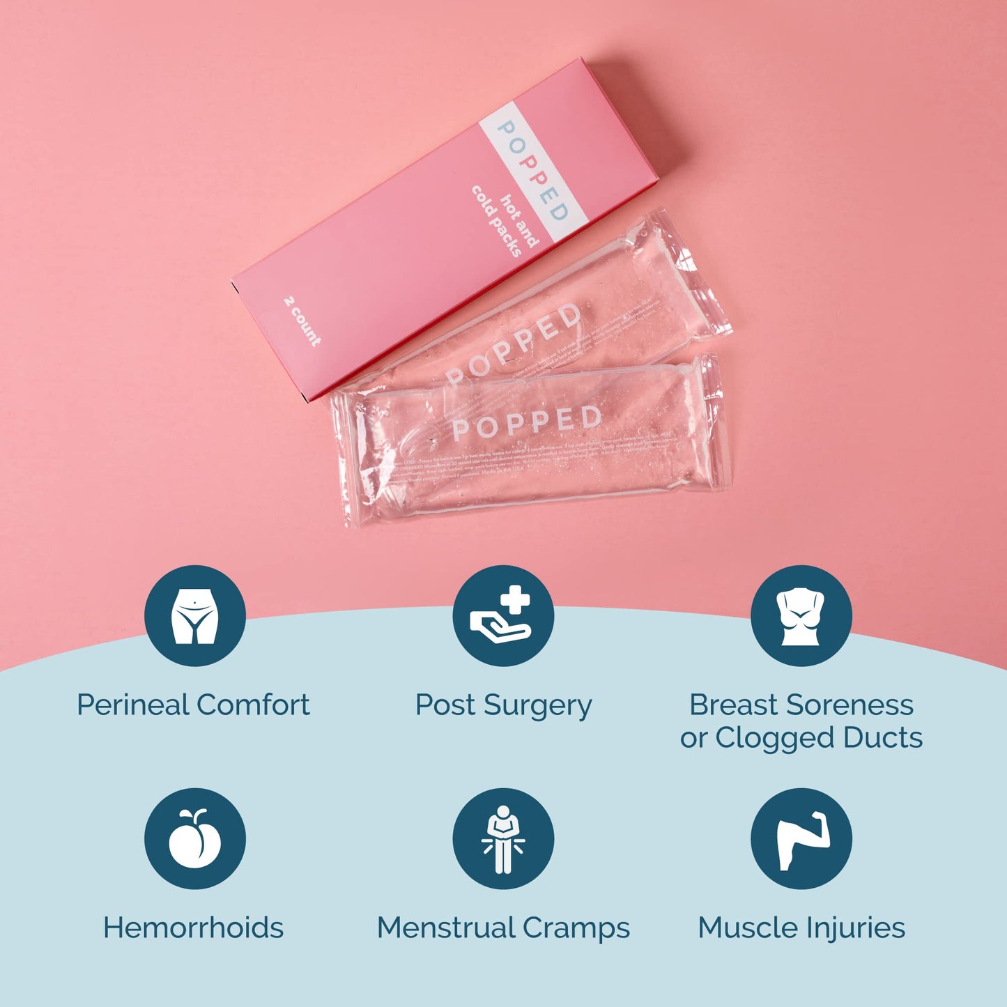 Popped Reusable Hot and Cold Packs | Made in The USA | Perineal Ice Packs, Cooling Pads for Postpartum Essentials | Gel Pack for Pain Relief, Hemorrhoids, and Cramping After Birth (2 Count)