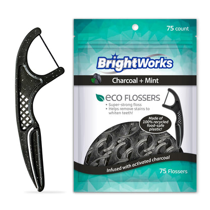 Brightworks ECO Sustainable Floss Picks - 225 Count - PTFE & PFAS Free - Made in USA Charcoal + Mint Infused 100% Post-Consumer Recycled Plastic with Micro-Crystals for Oral Care Hygiene Gum Health