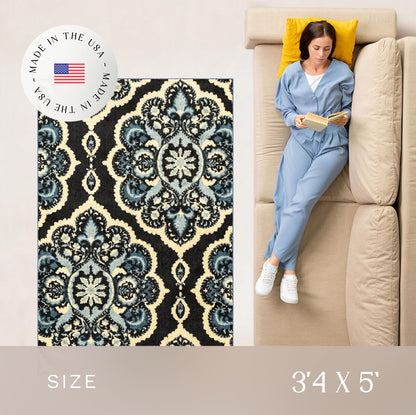 Maples Rugs Vivian Medallion Area Rugs - Made in USA - Washable, Non Slip, Pet-Friendly Mat for Bedroom, Office, and Entryway, 3'4 x 5', Persian Blue