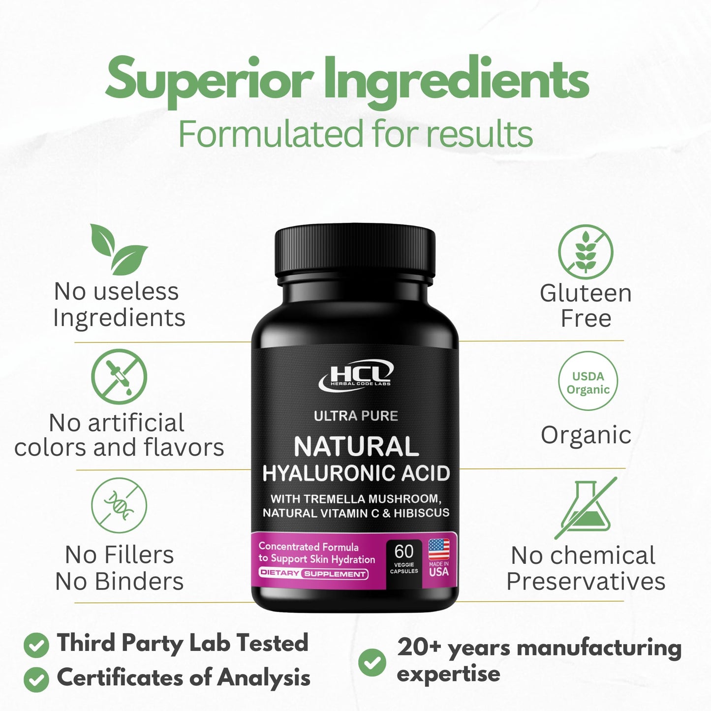 Natural Hyaluronic Acid Supplement 5X Stronger Hydration Pills from Pure Tremella Mushroom with Vitamin C & Hibiscus - Skin Supplement Anti Wrinkle Dietary Capsules - hair nails vitamins