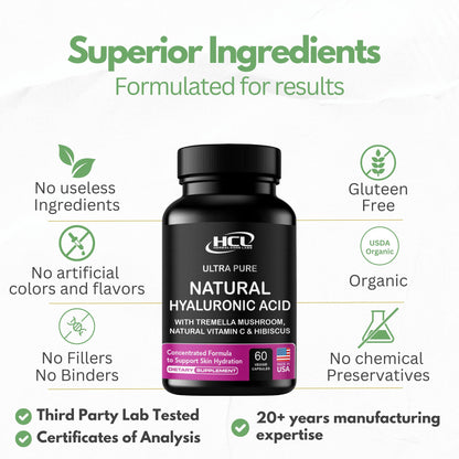 Natural Hyaluronic Acid Supplement 5X Stronger Hydration Pills from Pure Tremella Mushroom with Vitamin C & Hibiscus - Skin Supplement Anti Wrinkle Dietary Capsules - hair nails vitamins