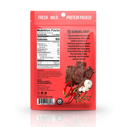 Kaimana Jerky Wild Caught Salmon Jerky - Organic Gourmet Dried Fish Strips Rich in Omega-3 & Protein - Low-Calorie Sweet Seafood Snack with No Gluten, Less Sodium & Sugar - Spicy Flavor - 2oz Pack