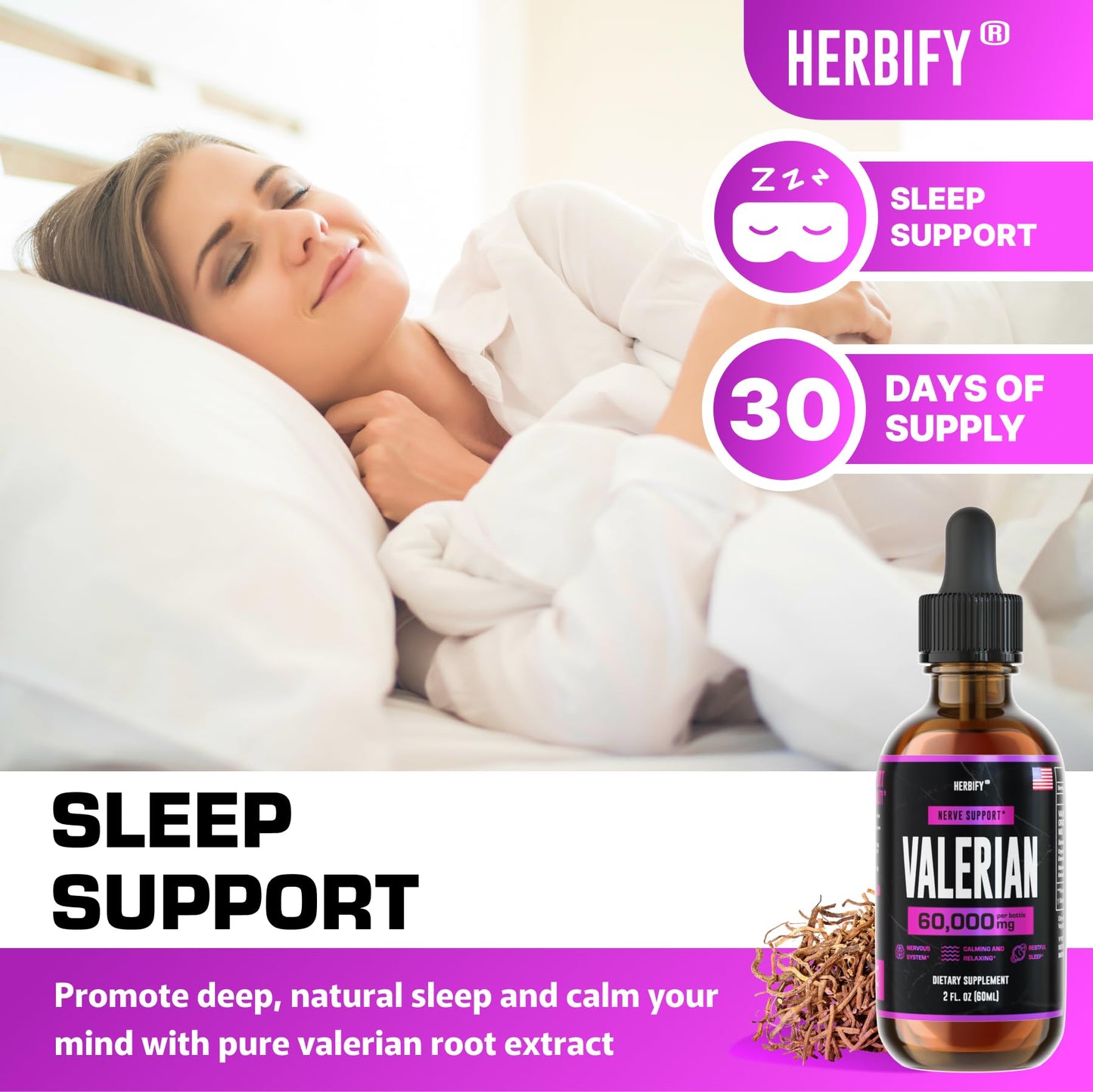 HERBIFY Valerian Root Supplement - Valerian Root Tincture – Nervous System Support 2 Fl oz