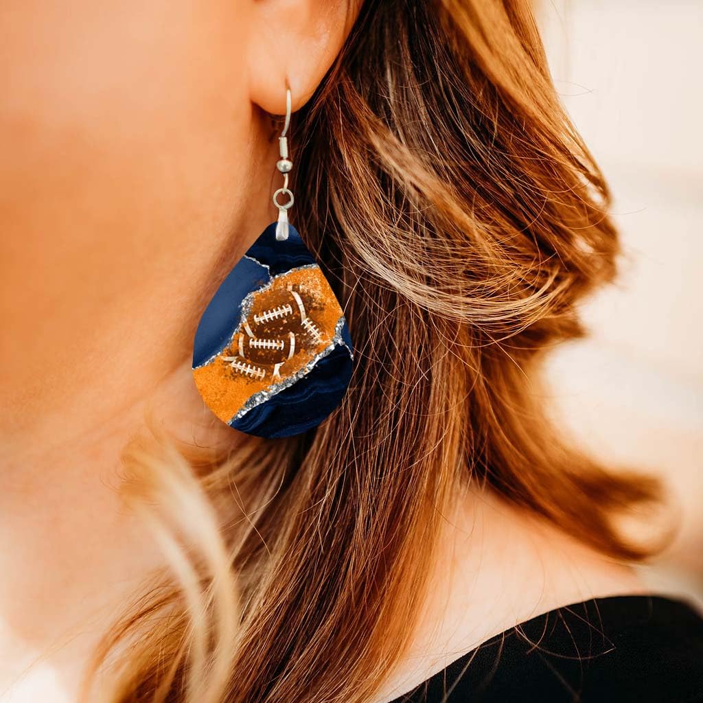 Football Earrings Blue and Orange Dangle Dangling Teardrop MDF Wood Sports School Team Spirit Fan Jewelry for Women Handmade (Navy & Orange)