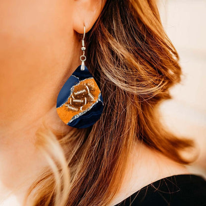 Football Earrings Blue and Orange Dangle Dangling Teardrop MDF Wood Sports School Team Spirit Fan Jewelry for Women Handmade (Navy & Orange)