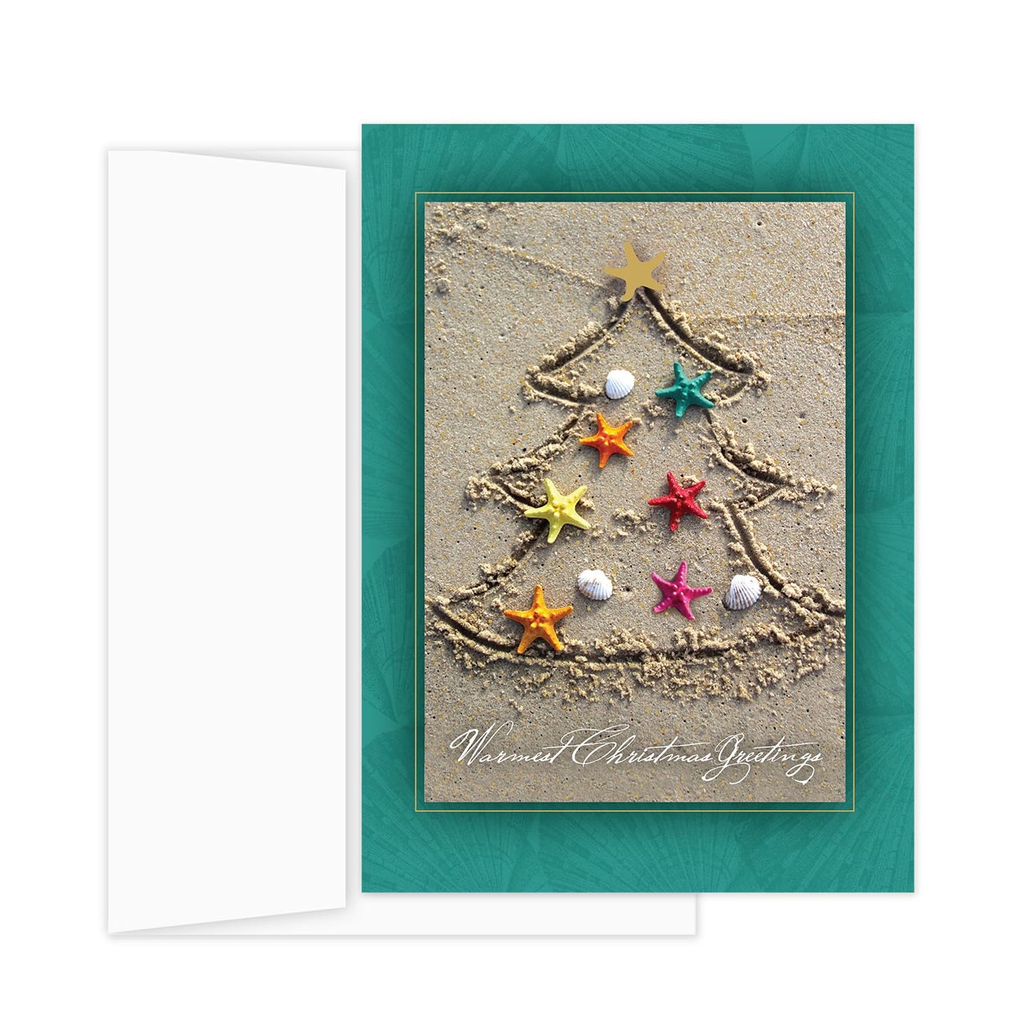 Masterpiece Sand Tree Cards / 16 Christmas Holiday Cards Set With Gold Foil And White Envelopes / 5 5/8" x 7 7/8" Winter Warm Wishes Greeting Cards With Meaningful Inside Verse
