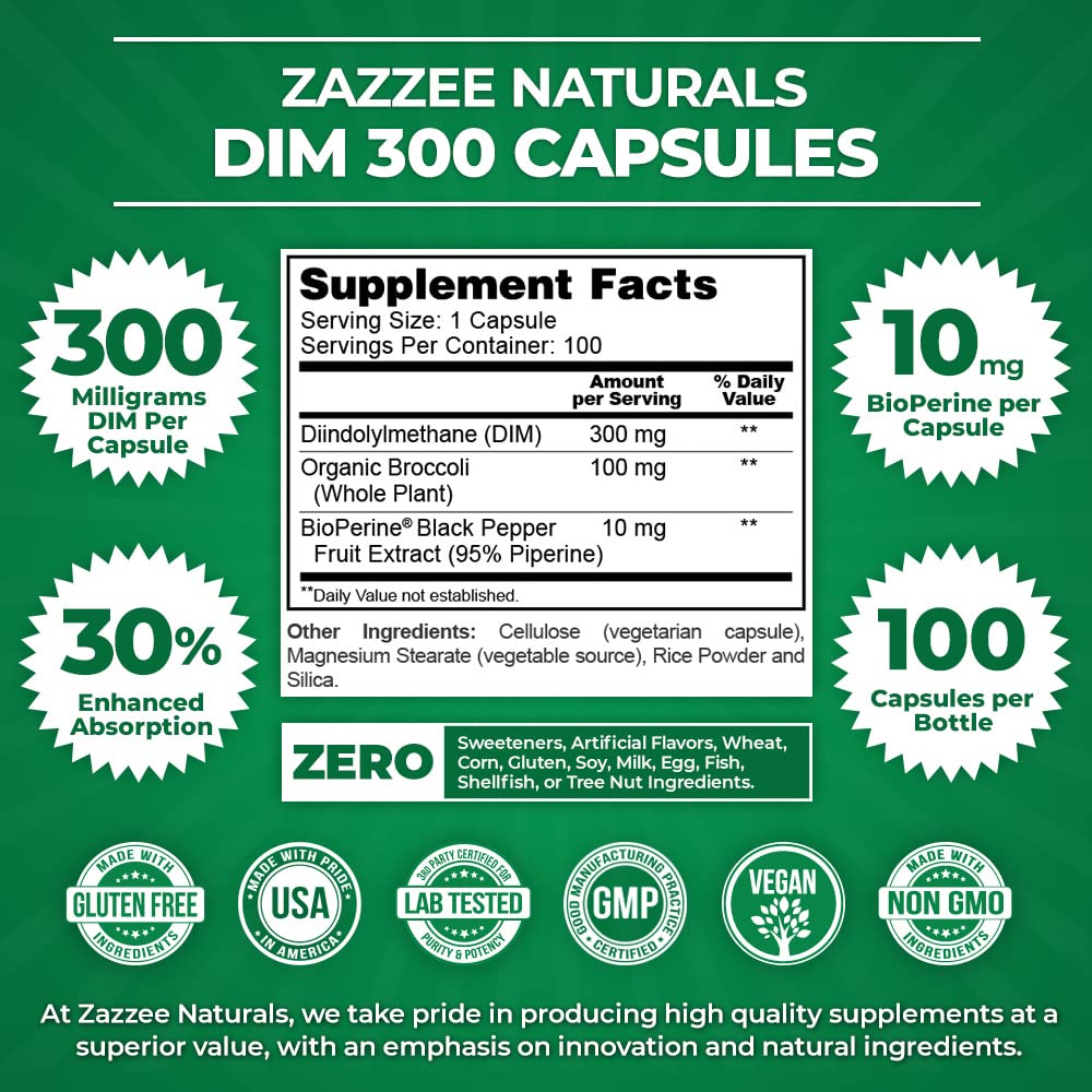 Zazzee DIM 300 mg Per Capsule, 100 Count, Plus 10 mg BioPerine, Estrogen Balance, Hormonal Acne, Menopause Support, Hormonal Balance, Diindolylmethane, Vegan, All-Natural, Non-GMO, Made in The USA