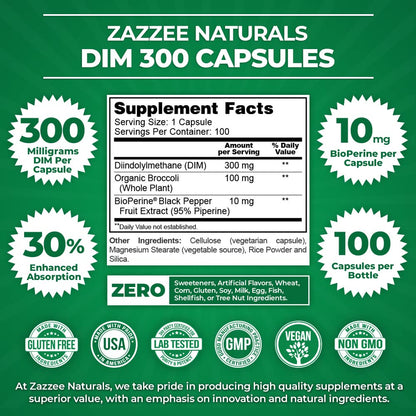 Zazzee DIM 300 mg Per Capsule, 100 Count, Plus 10 mg BioPerine, Estrogen Balance, Hormonal Acne, Menopause Support, Hormonal Balance, Diindolylmethane, Vegan, All-Natural, Non-GMO, Made in The USA