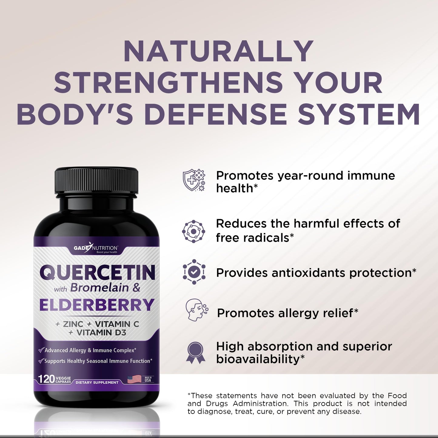 Gade Nutrition Quercetin with Bromelain & Elderberry | Quercetin with Vitamin C and Zinc | Zinc Quercetin 500mg with Vitamin D3 | Daily Immune Support Supplement - 2 Months Supply