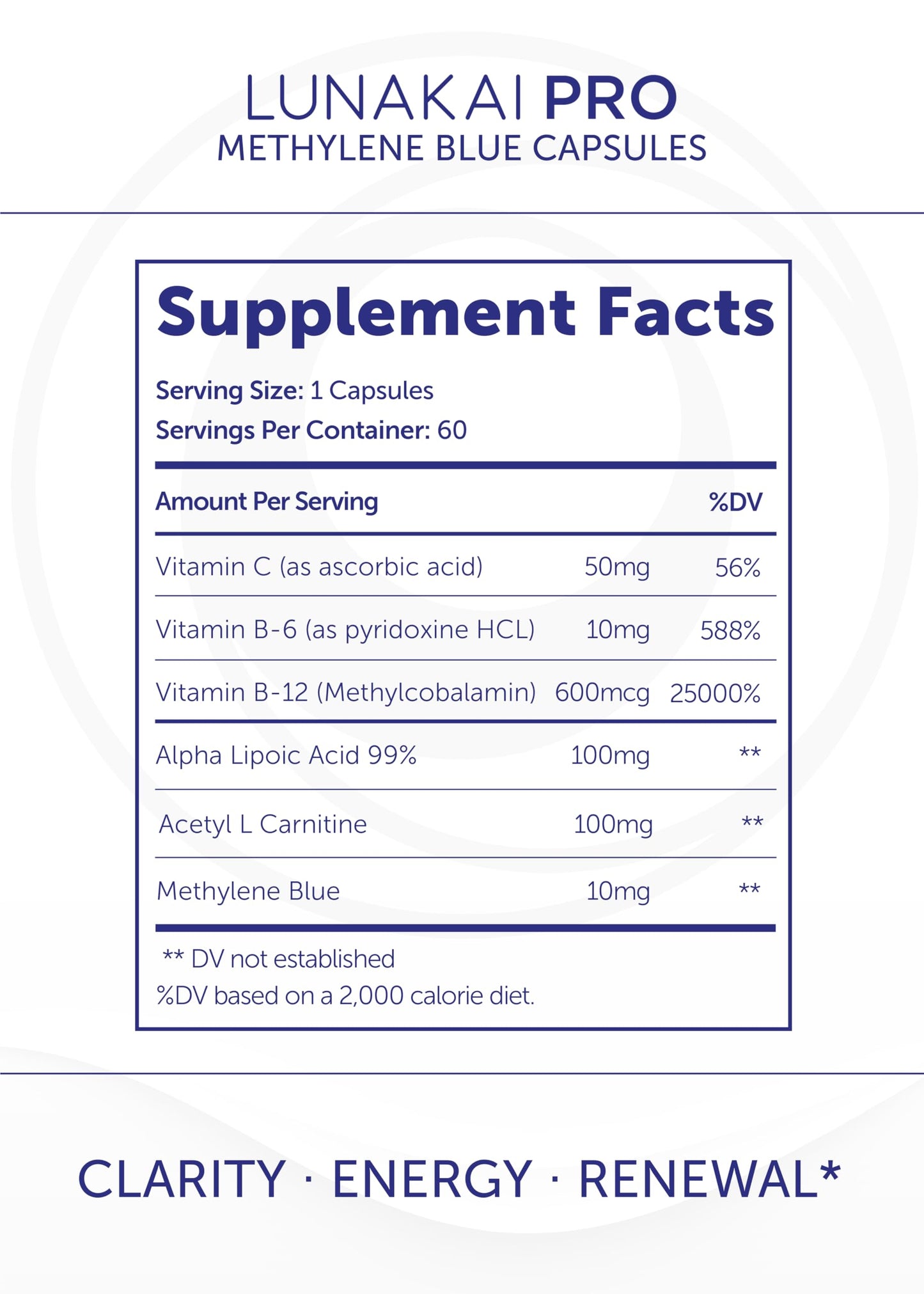 Lunakai PRO USA Made Methylene Blue Capsules Pharmaceutical Grade with Vitamin C, B6, B12 – 3rd-Party Tested Daily Brain & Focus Support Supplement for Humans, 60ct