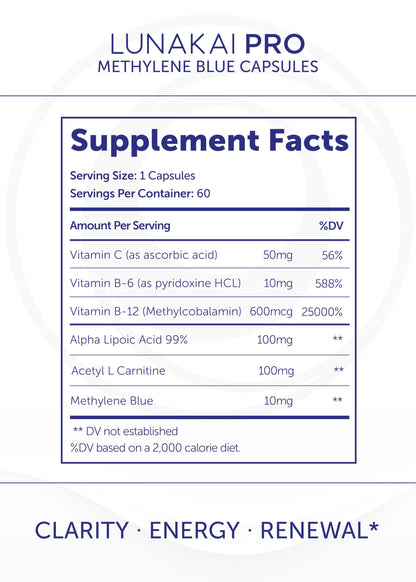 Lunakai PRO USA Made Methylene Blue Capsules Pharmaceutical Grade with Vitamin C, B6, B12 – 3rd-Party Tested Daily Brain & Focus Support Supplement for Humans, 60ct