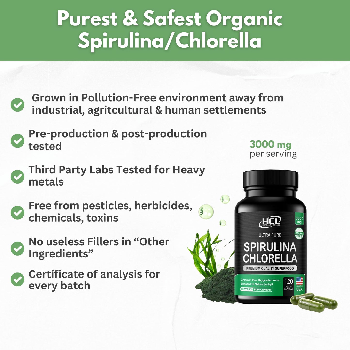 Chlorella Spirulina Powder Capsules Organic 3000 mg of BMAA Free Purest Blue Green Algae - Best Natural Detox Raw Vegan Vitamins Protein Green Superfood - Made in USA