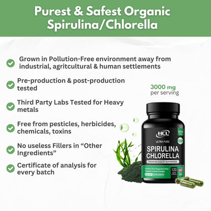 Chlorella Spirulina Powder Capsules Organic 3000 mg of BMAA Free Purest Blue Green Algae - Best Natural Detox Raw Vegan Vitamins Protein Green Superfood - Made in USA