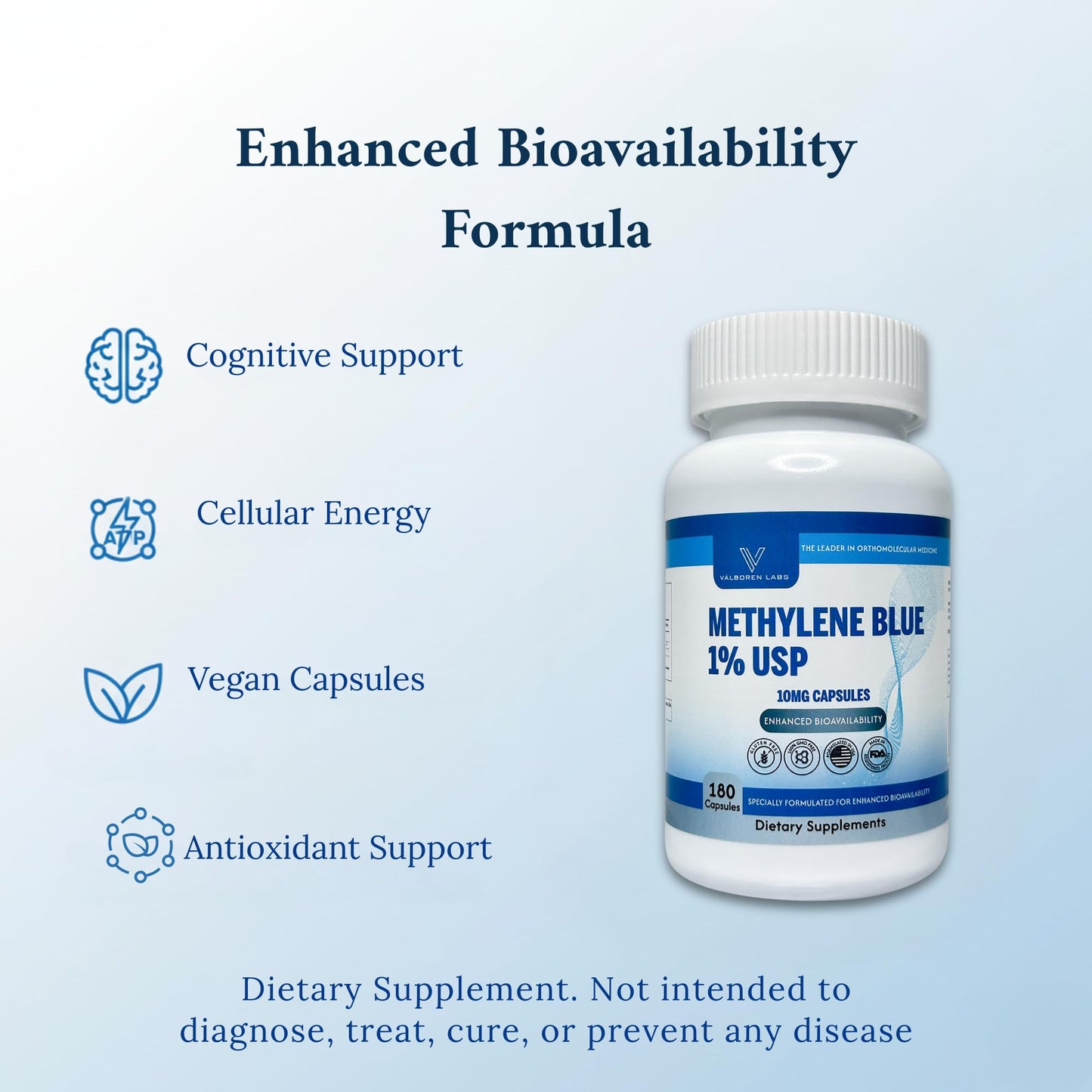 Methylene Blue Capsules 10mg - Pharmaceutical Grade Supplement - Trusted Made in America Brand - (USP Reference Compliant) with Vitamin C Ester Enhanced Absorption - Third Party Tested - 180 Pills