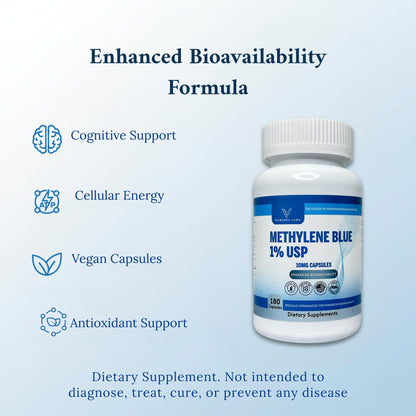 Methylene Blue Capsules 10mg - Pharmaceutical Grade Supplement - Trusted Made in America Brand - (USP Reference Compliant) with Vitamin C Ester Enhanced Absorption - Third Party Tested - 180 Pills