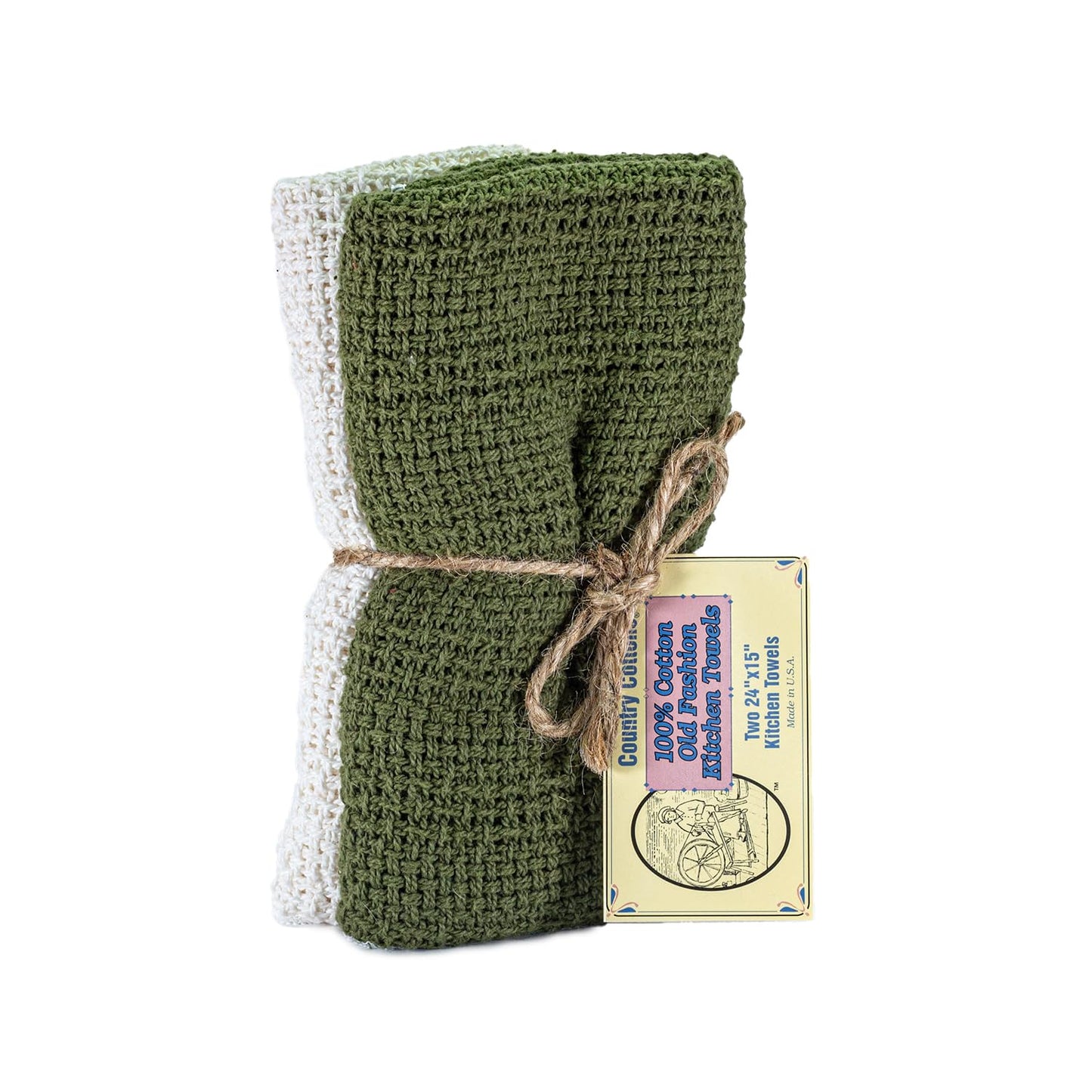 Country Cottons Old Fashion 100% Cotton Kitchen Towels - Set of 2-24"x15" (Sage Green/Natural)