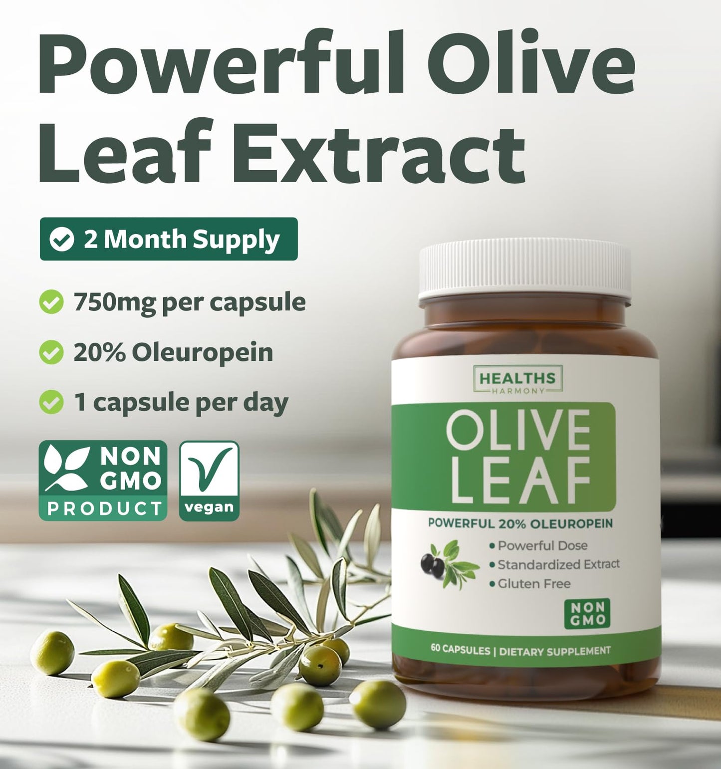 Super Strength Olive Leaf Extract Capsules - Vegan Non-GMO 750mg Olive Extract with 20% Oleuropein Antioxidant Supplement for Immunity Skin and Heart Health Support - Made in The USA (2 Month Supply)