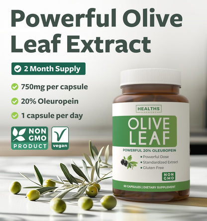 Super Strength Olive Leaf Extract Capsules - Vegan Non-GMO 750mg Olive Extract with 20% Oleuropein Antioxidant Supplement for Immunity Skin and Heart Health Support - Made in The USA (2 Month Supply)