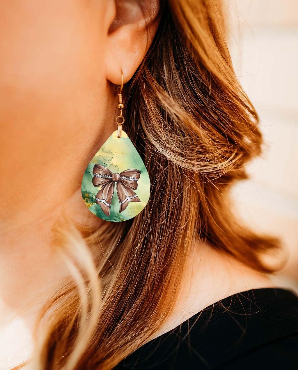Football Dangle Earrings Green Gold Coquette Bow Teardrop 2.5 Inches Long Lightweight Double-Sided Design Handmade by The Painted Pug