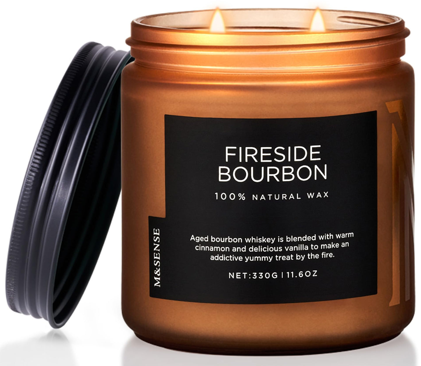 M&SENSE Fireside Bourbon Jar Candle, 11.6oz Clean Soy Wax Up to 70 Hours Burn Time Smoky Scent 2 Wick Cotton Fall Campfire Scented Candle for Home Decor Housewarming Gifts for Bathroom Office