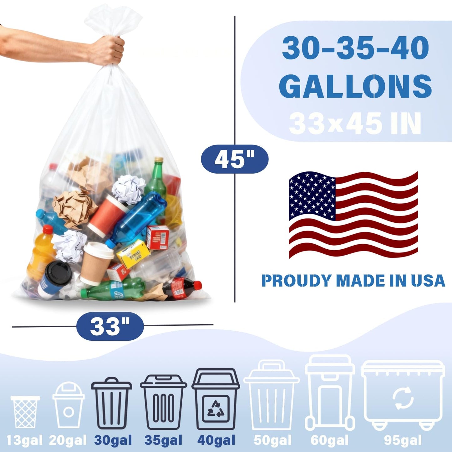 30 33 40 Gallon Clear Trash Bags, 260 Count High Density Garbage Bags, Made in USA, Recycling Trash Can Liners, Puncture-Resistant Plastic Waste Bags for Kitchens Yards Offices Commercial