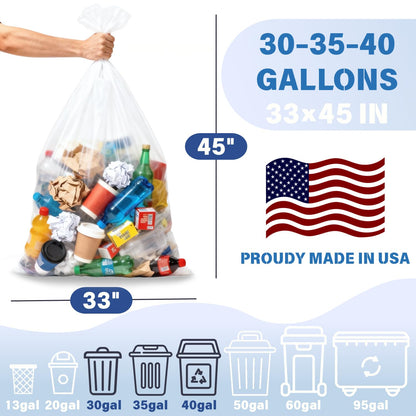 30 33 40 Gallon Clear Trash Bags, 260 Count High Density Garbage Bags, Made in USA, Recycling Trash Can Liners, Puncture-Resistant Plastic Waste Bags for Kitchens Yards Offices Commercial