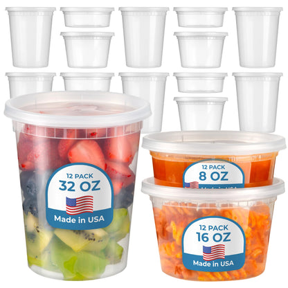 Fit Meal Prep 36 Pack 8 16 32 oz Deli Containers with Lids Variety Pack, US Made Leakproof Assorted Plastic Soup Container, Combo Clear Food Storage Containers for Restaurant, Microwave Freezer Safe