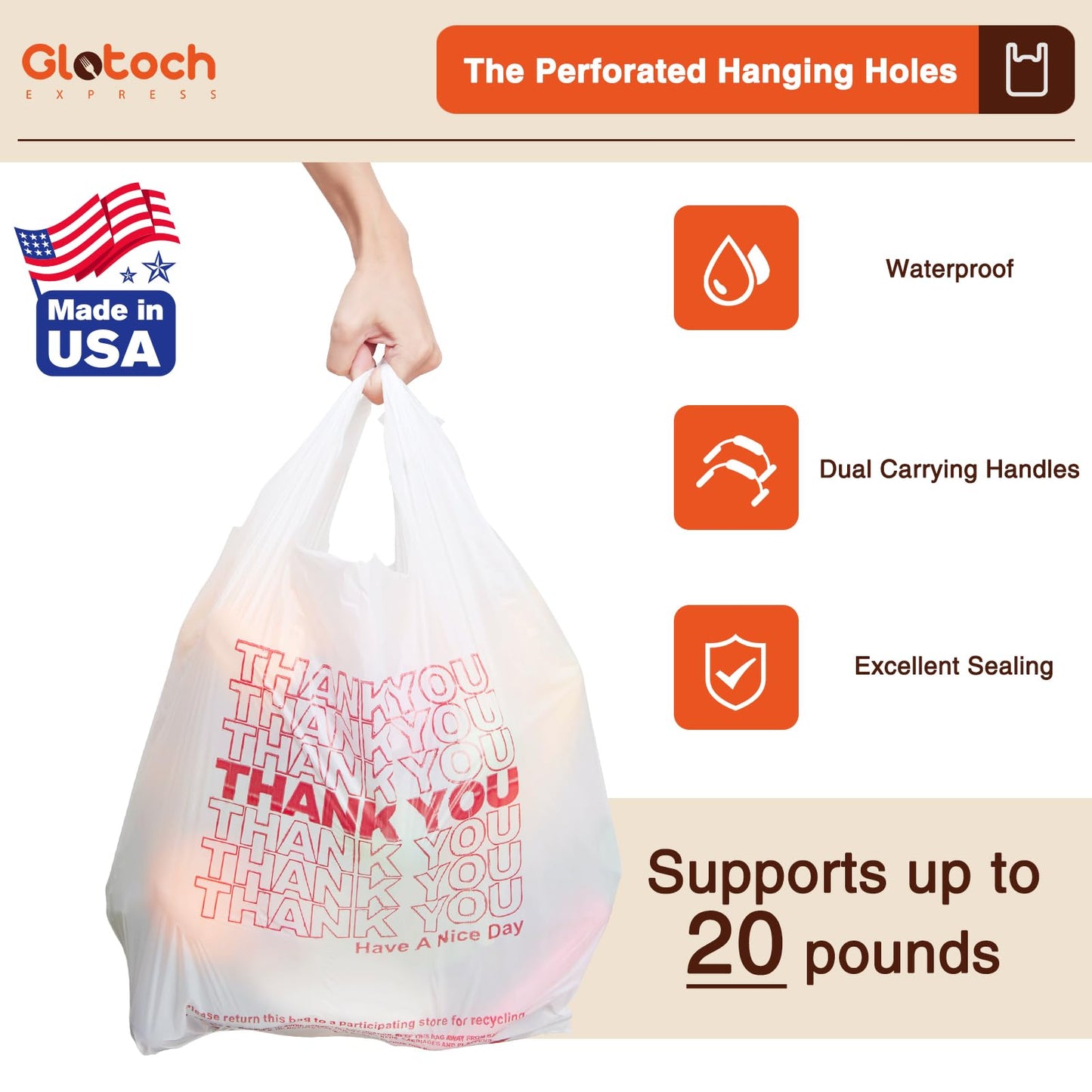 Glotoch Plastic Thank You Bags 1000 Count, 11.5" x 6.5" x 21" White Grocery Bags with Handles for Restaurant, Retail, Grocery Store, Takeout, Convenience Stores, T-shirt Shopping Bag in Bulk