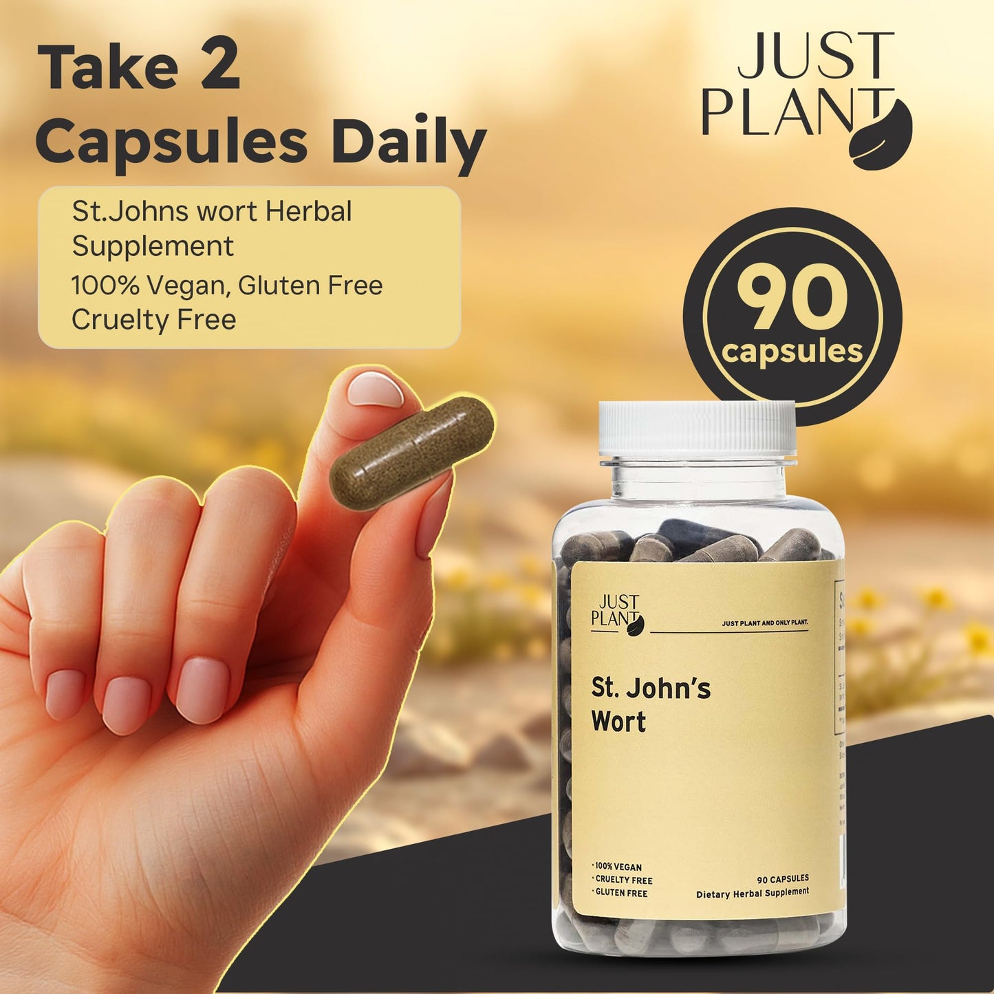 Just Plant St. John’s Wort Supplement 750 mg, 90 Vegan Capsules with Hypericum Perforatum Extract Herbal Mood & Stress Support Gluten-Free, Non-GMO