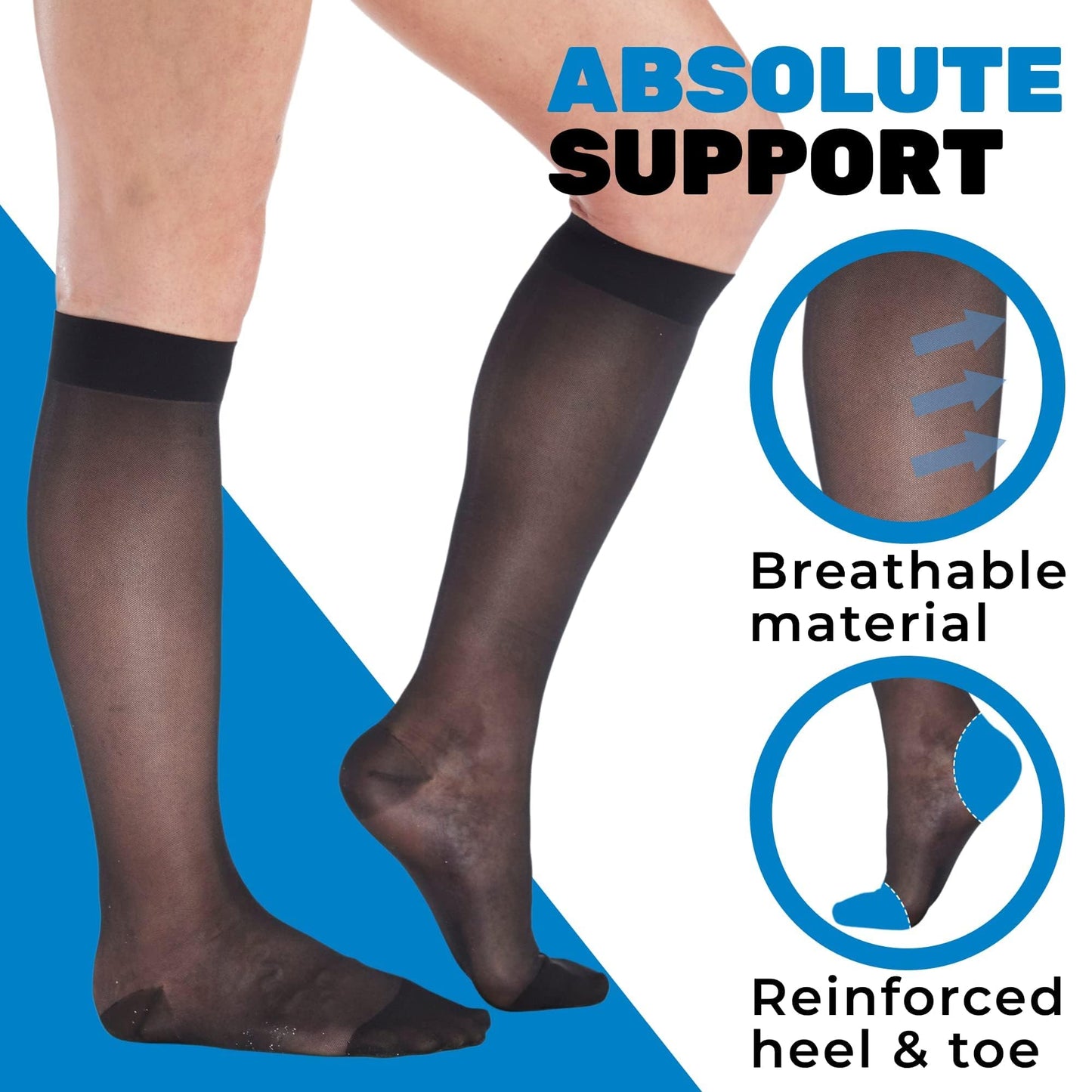 ABSOLUTE SUPPORT Made in USA Sheer Compression Socks for Women 15-20 mmHg - Support Hose Knee High Stockings, Black, X-Large